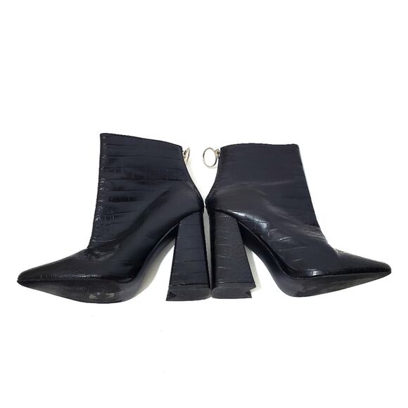 Fashion Nova | Cheryl Patent Leather Textured Reptile Chunky Heel Booties - Picture 2 of 11